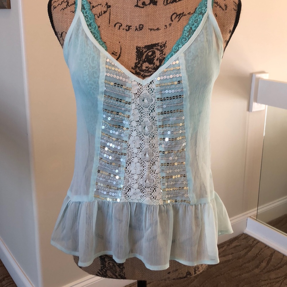 Aqua lace & sequins trimmed tank